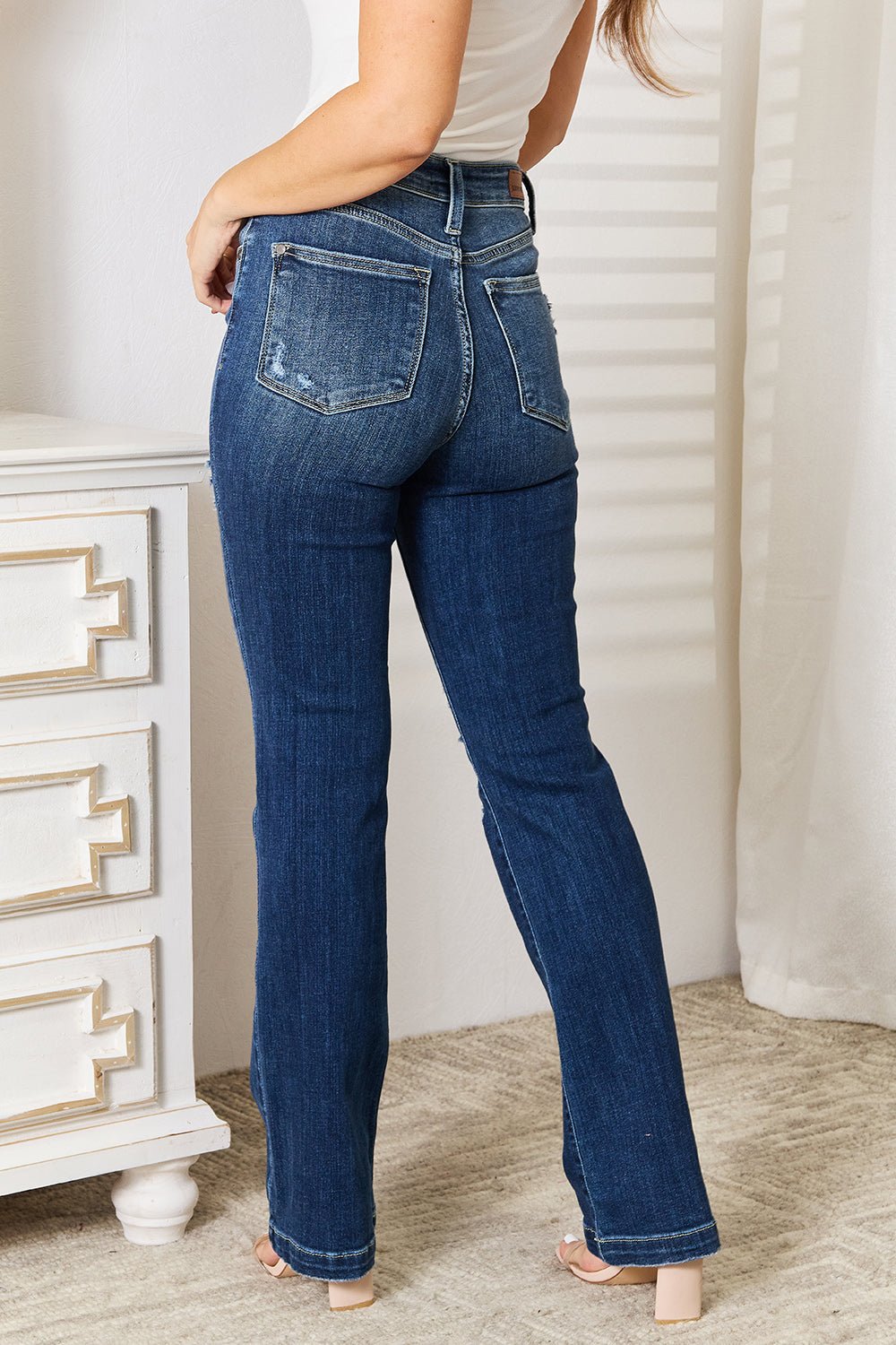 Judy BlueDark Wash Mid Rise Hand Sand & Destroy Bootcut Jeans