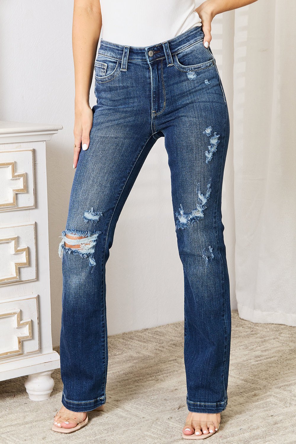 Judy BlueDark Wash Mid Rise Hand Sand & Destroy Bootcut Jeans