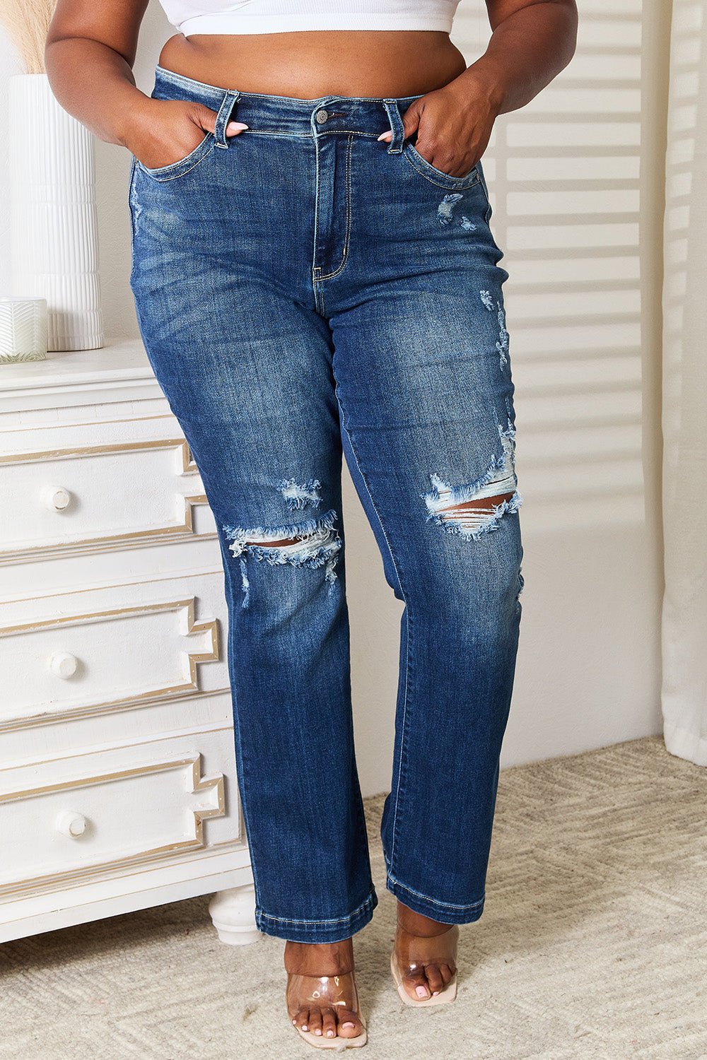 Judy BlueDark Wash Mid Rise Hand Sand & Destroy Bootcut Jeans