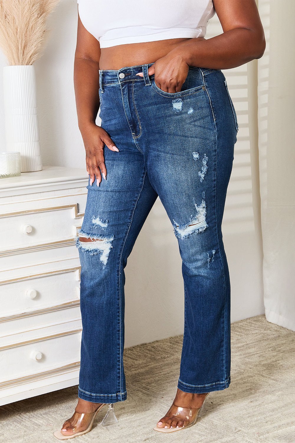 Judy BlueDark Wash Mid Rise Hand Sand & Destroy Bootcut Jeans