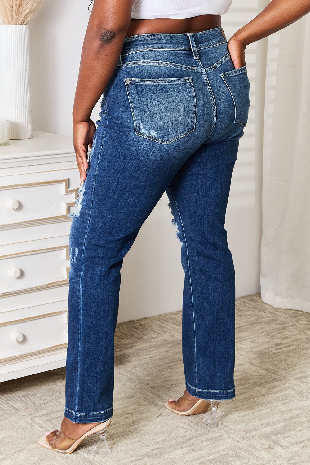 Judy BlueDark Wash Mid Rise Hand Sand & Destroy Bootcut Jeans