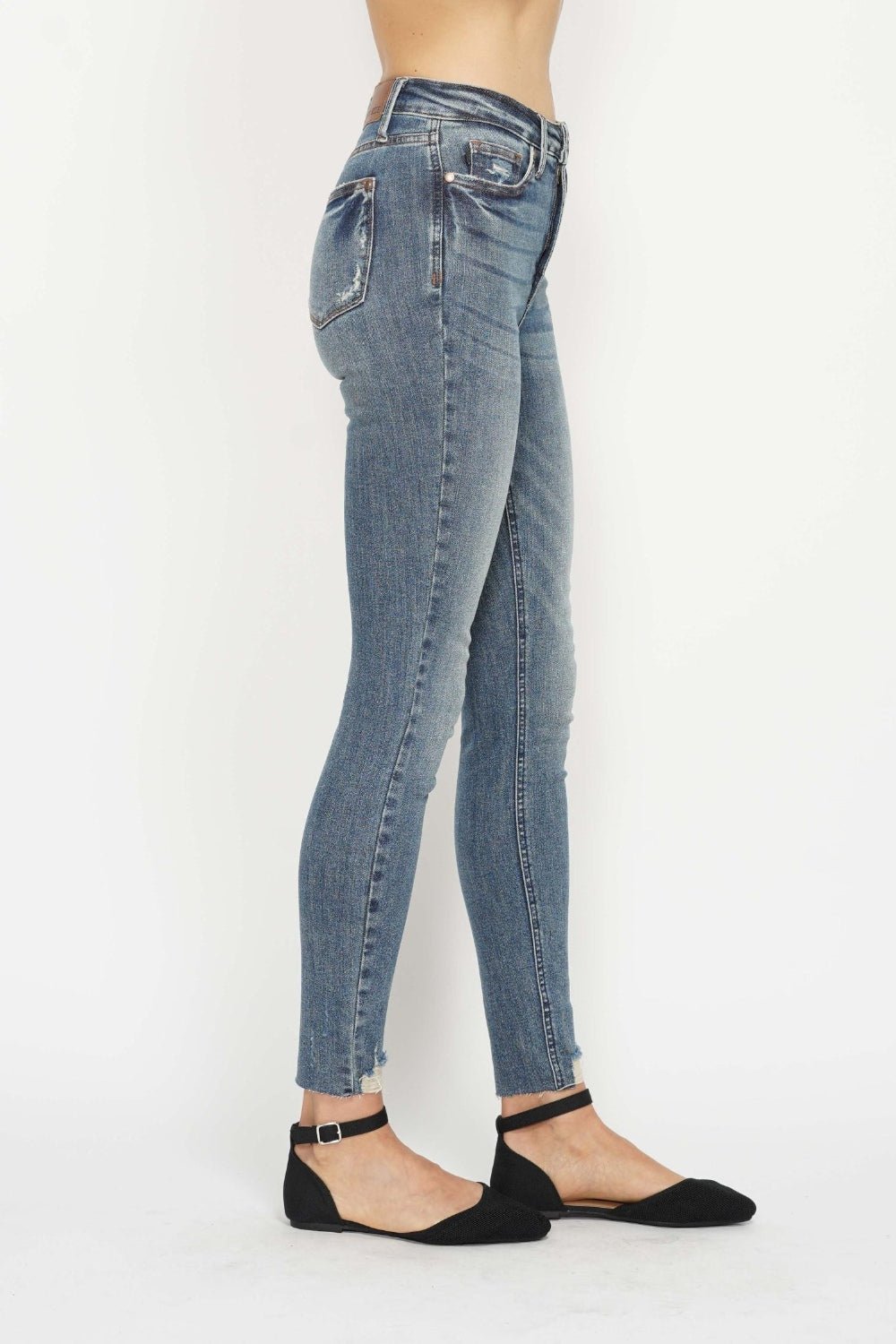 Judy BlueTummy Control Medium Vintage Wash Hem Destroy Skinny Jeans