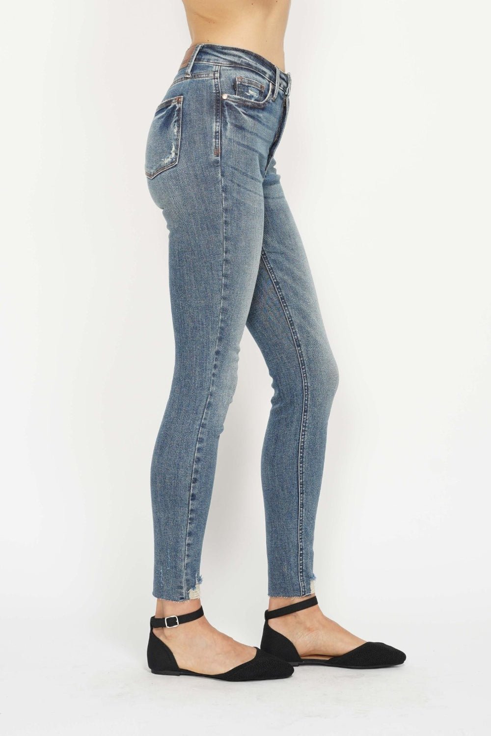 Judy BlueTummy Control Medium Vintage Wash Hem Destroy Skinny Jeans