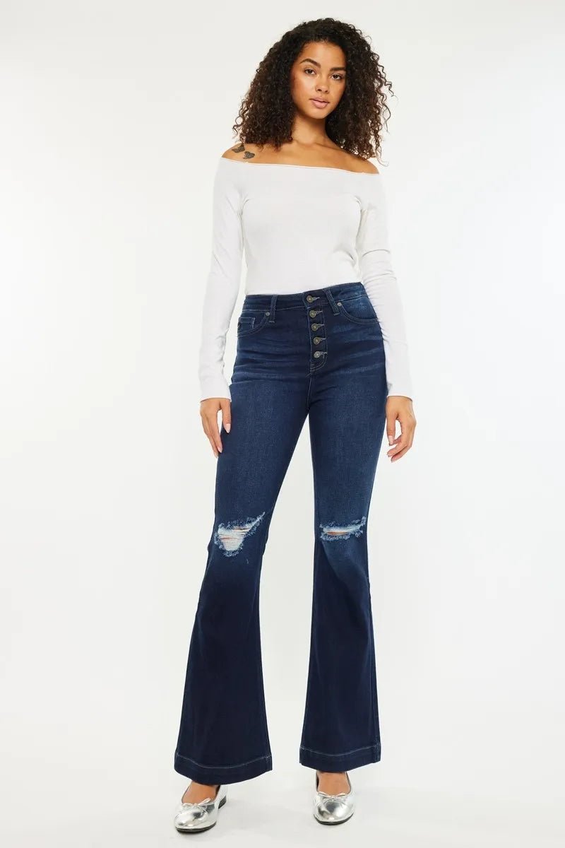 Kancan - Dark Wash Distressed Flare Jeans with Button Fly