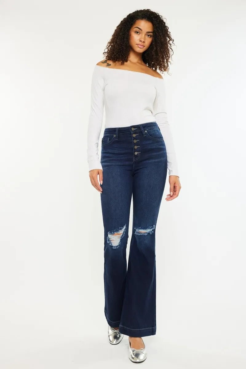Kancan - Dark Wash Distressed Flare Jeans with Button Fly
