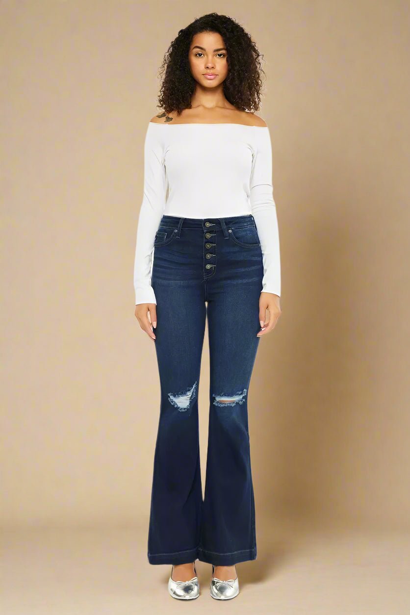 Kancan - Dark Wash Distressed Flare Jeans with Button Fly