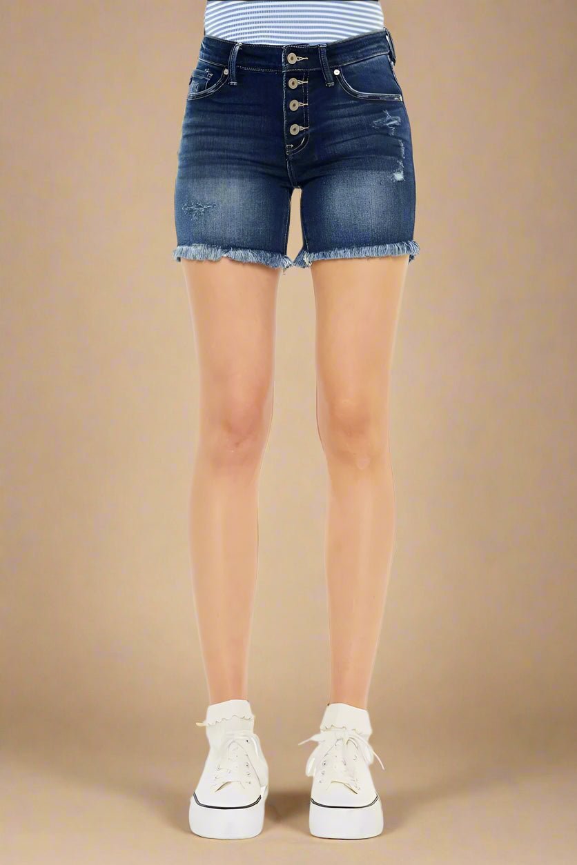 Kancan - Dark Wash High Rise Button Fly Denim Shorts with Frayed Hem