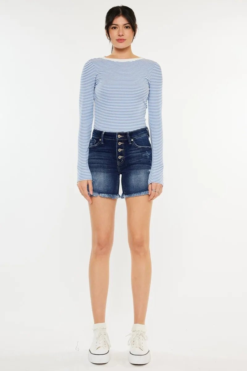 Kancan - Dark Wash High Rise Button Fly Denim Shorts with Frayed Hem