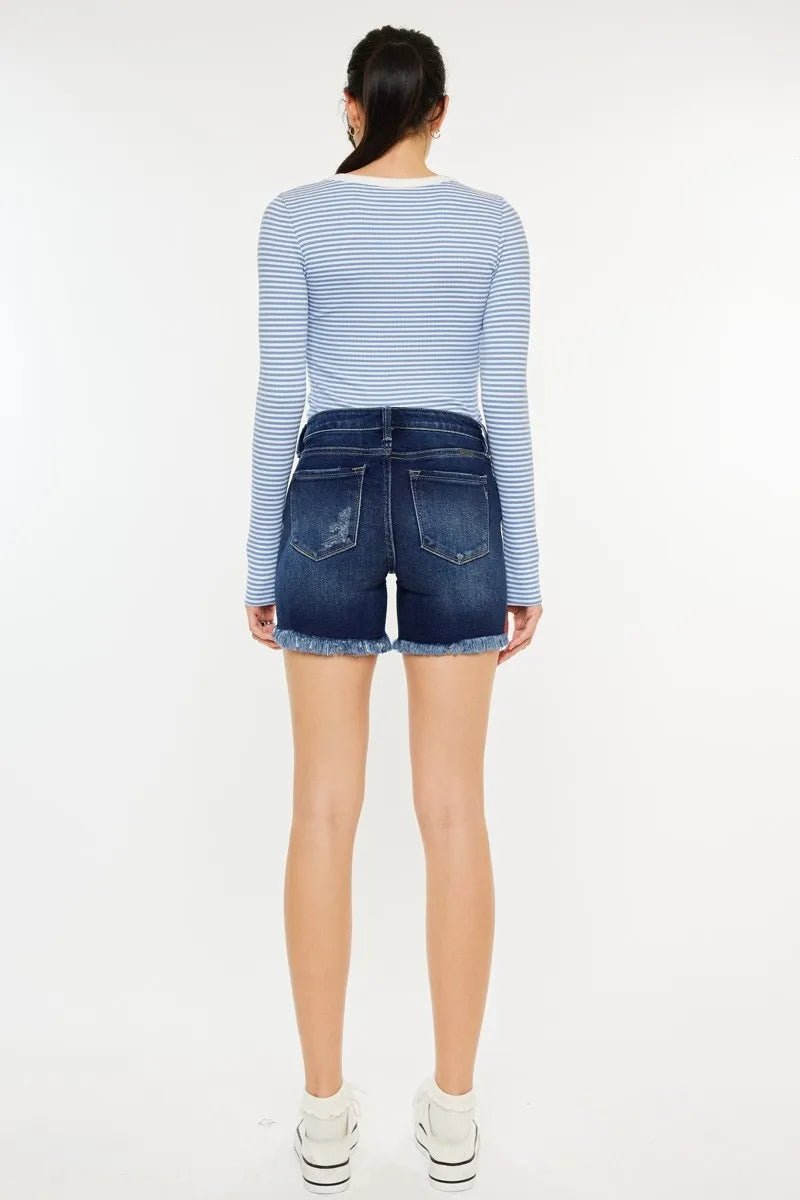 Kancan - Dark Wash High Rise Button Fly Denim Shorts with Frayed Hem
