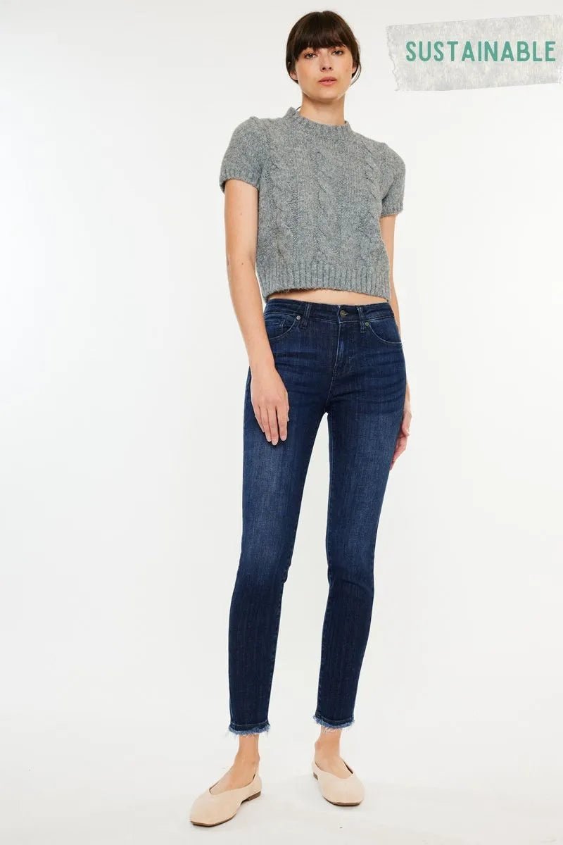 Kancan - Dark Wash High Rise Skinny Jeans with Raw Hem