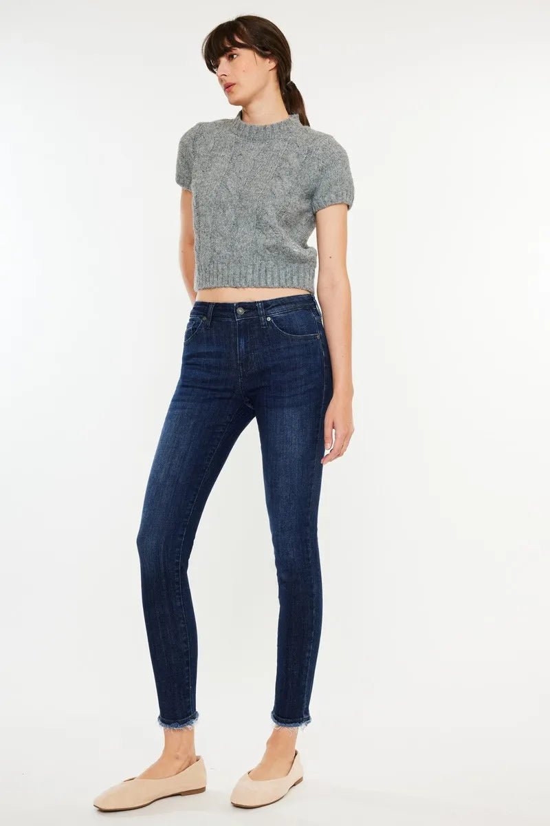 Kancan - Dark Wash High Rise Skinny Jeans with Raw Hem