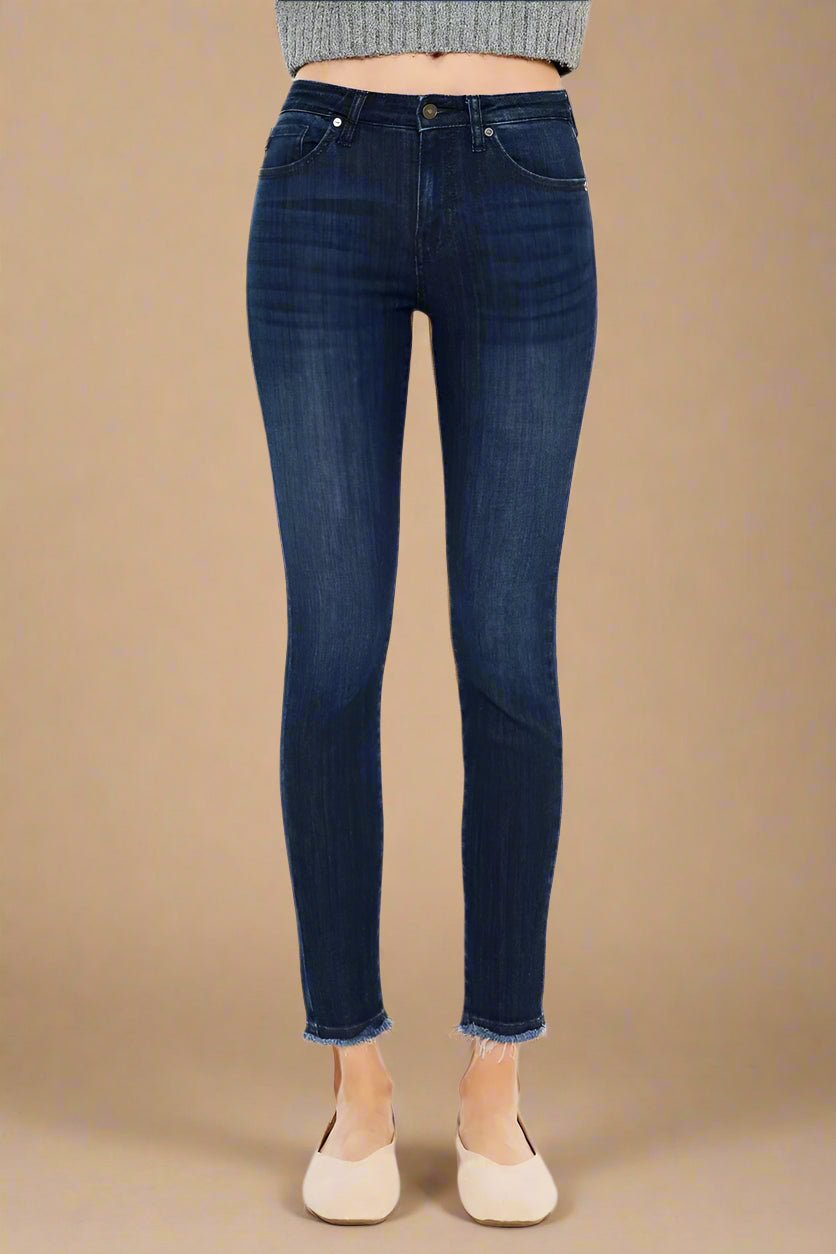 Kancan - Dark Wash High Rise Skinny Jeans with Raw Hem