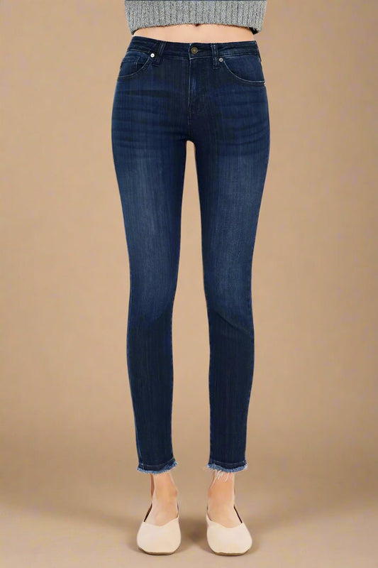 Kancan - Dark Wash High Rise Skinny Jeans with Raw Hem