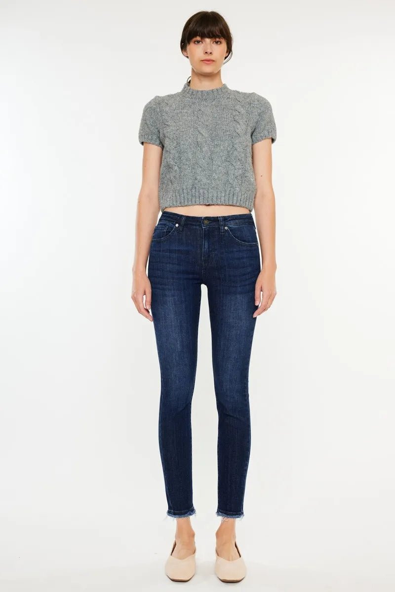 Kancan - Dark Wash High Rise Skinny Jeans with Raw Hem