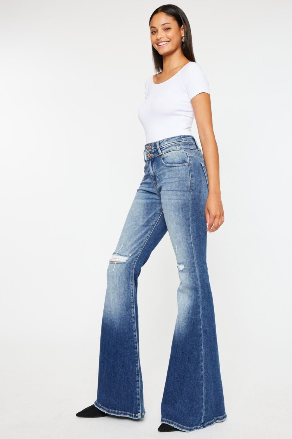 Kancan - Dark Wash High Rise Wide Waistband Flare Jeans