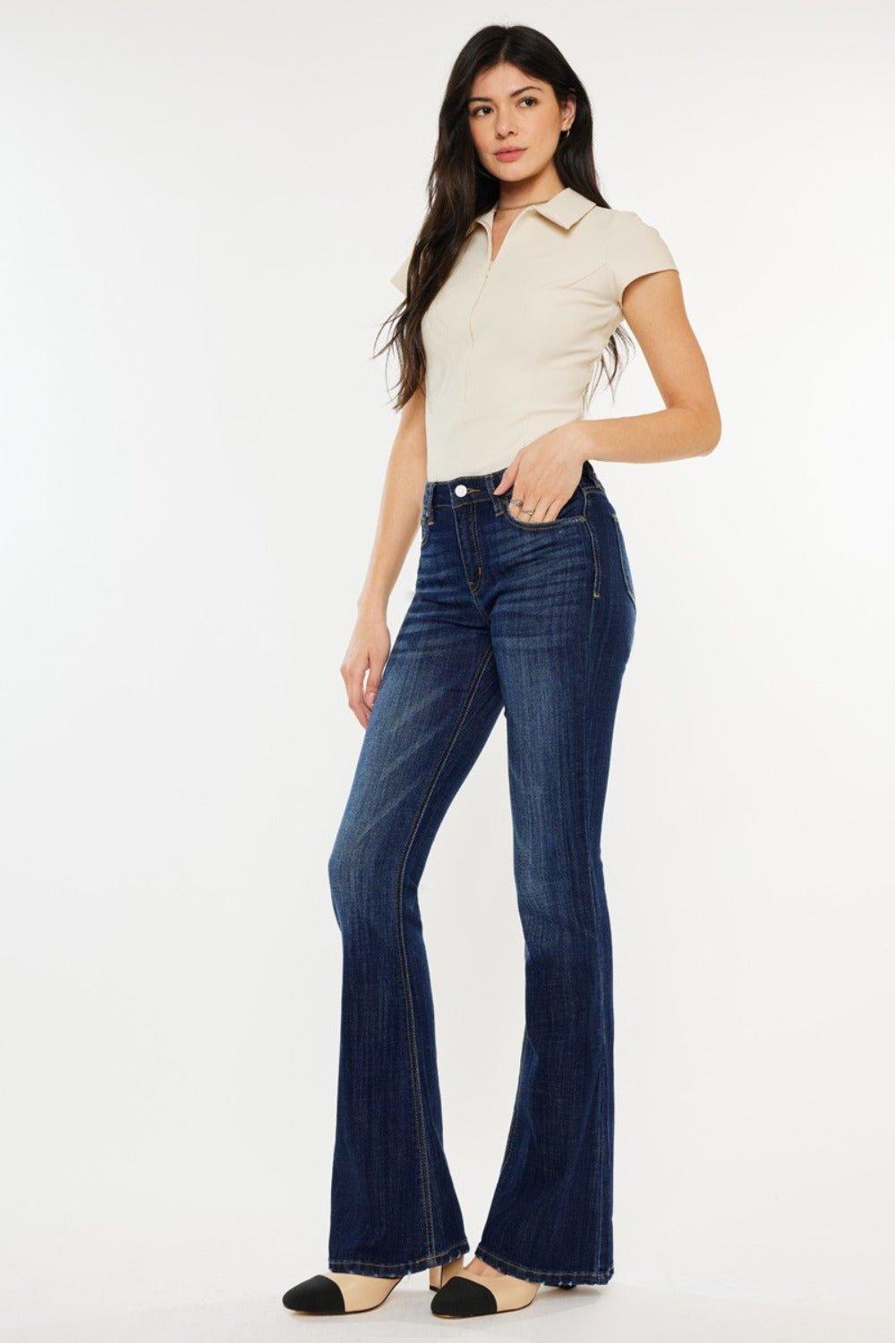 Kancan - Dark Wash Mid Rise Slim Fit Flare Jeans