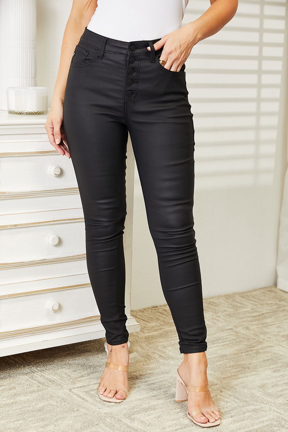 Kancan - High Rise Black Coated Ankle Skinny Jeans