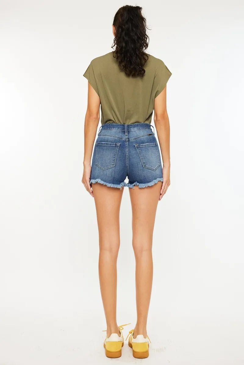 Kancan - High - Rise Dark Wash Button - Fly Frayed Hem Denim Shorts