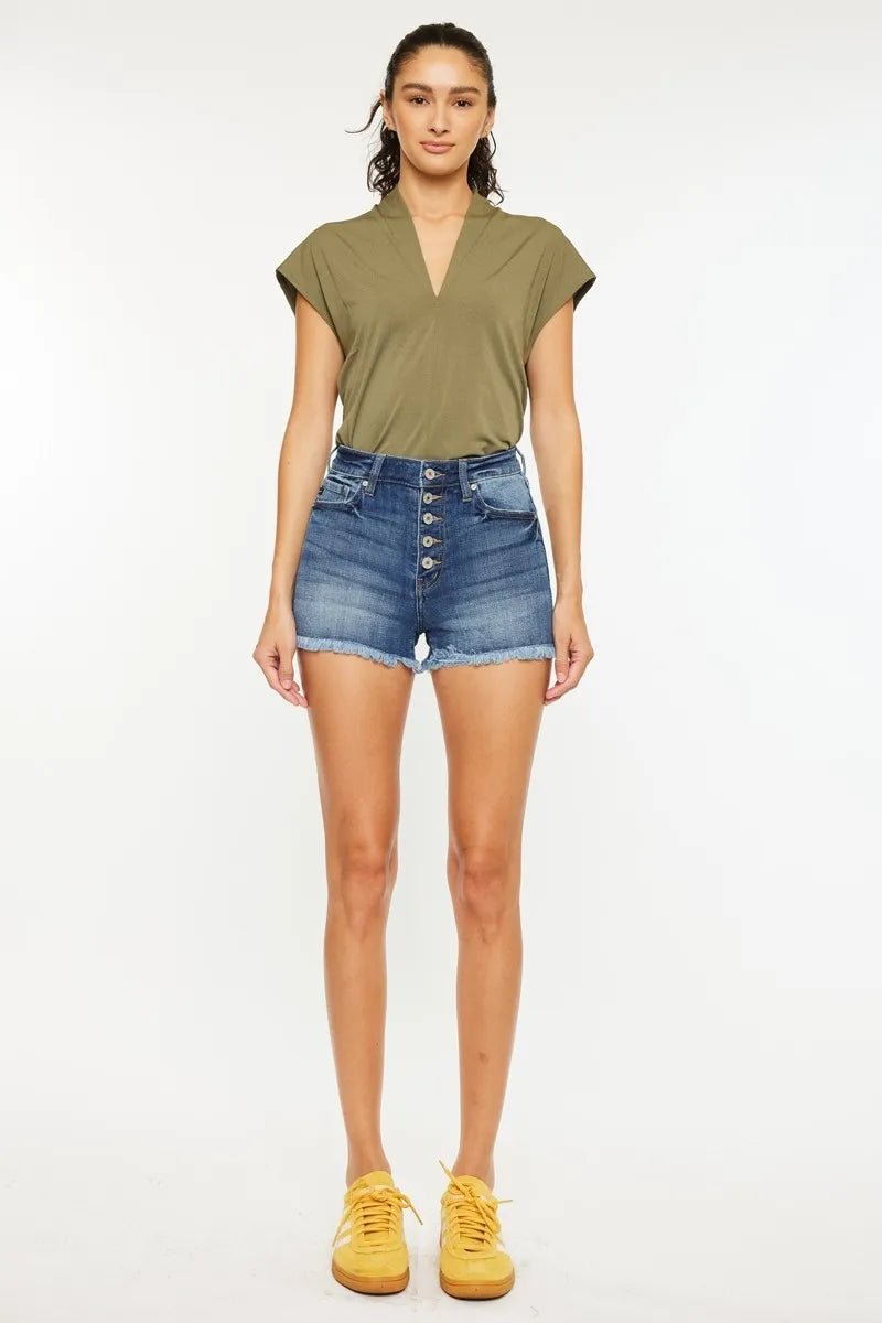 Kancan - High - Rise Dark Wash Button - Fly Frayed Hem Denim Shorts