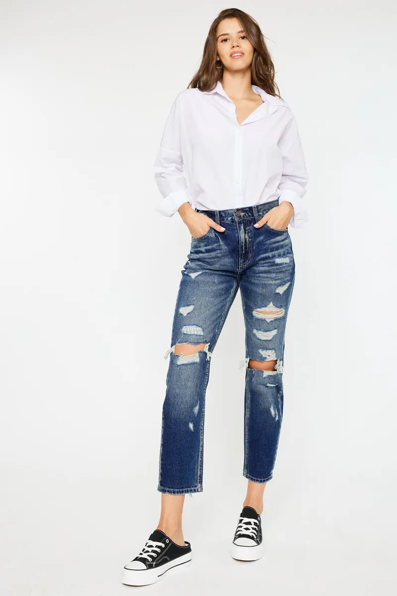Kancan - High - Rise Distressed Boyfriend Jeans – Dark Wash Denim