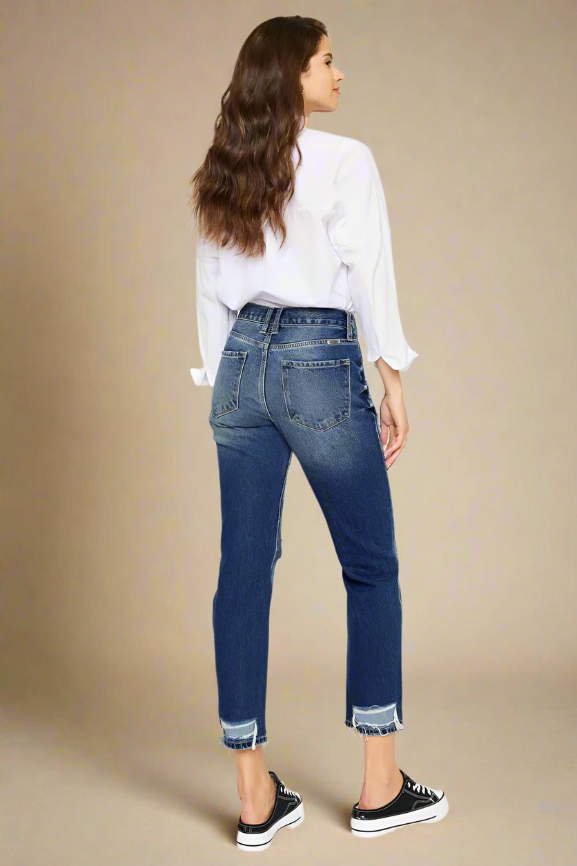Kancan - High - Rise Distressed Boyfriend Jeans – Dark Wash Denim