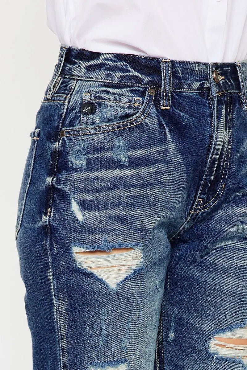 Kancan - High - Rise Distressed Boyfriend Jeans – Dark Wash Denim