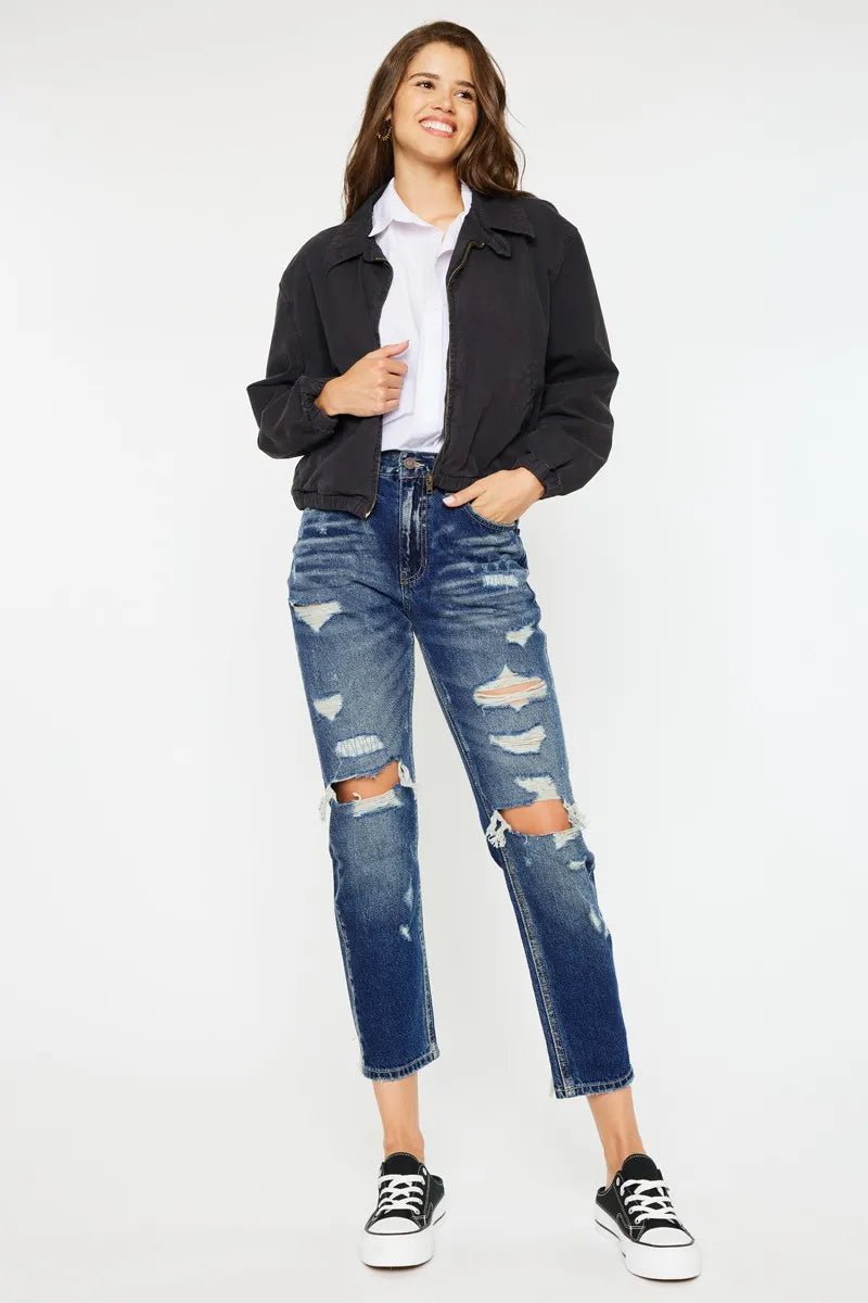 Kancan - High - Rise Distressed Boyfriend Jeans – Dark Wash Denim