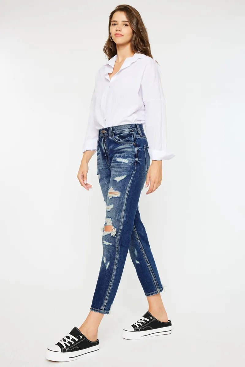 Kancan - High - Rise Distressed Boyfriend Jeans – Dark Wash Denim