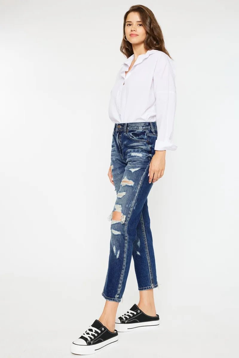 Kancan - High - Rise Distressed Boyfriend Jeans – Dark Wash Denim
