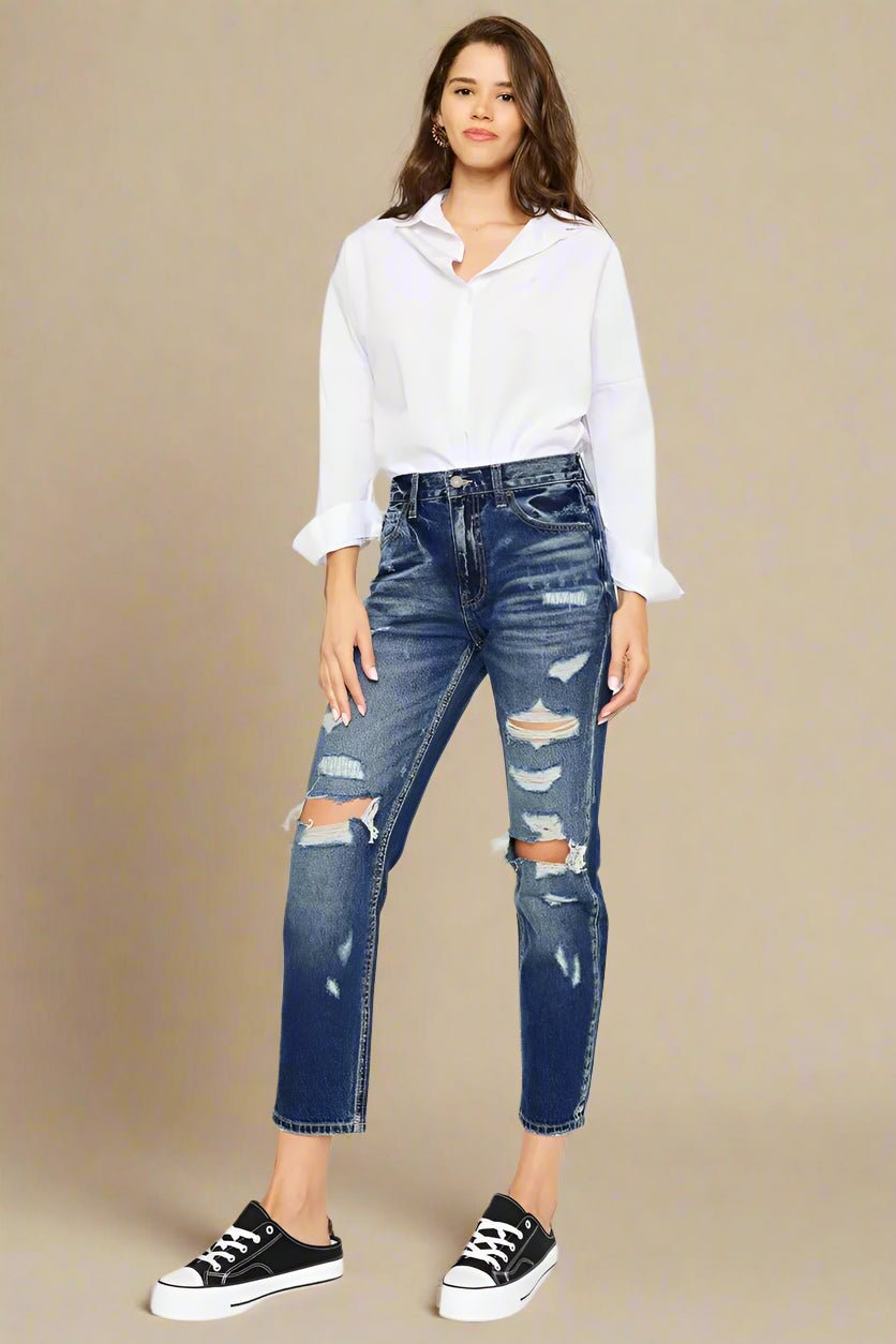 Kancan - High - Rise Distressed Boyfriend Jeans – Dark Wash Denim
