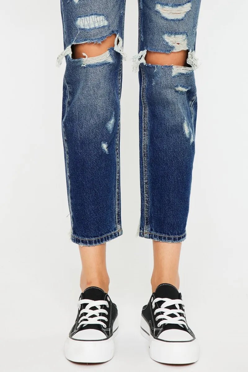 Kancan - High - Rise Distressed Boyfriend Jeans – Dark Wash Denim