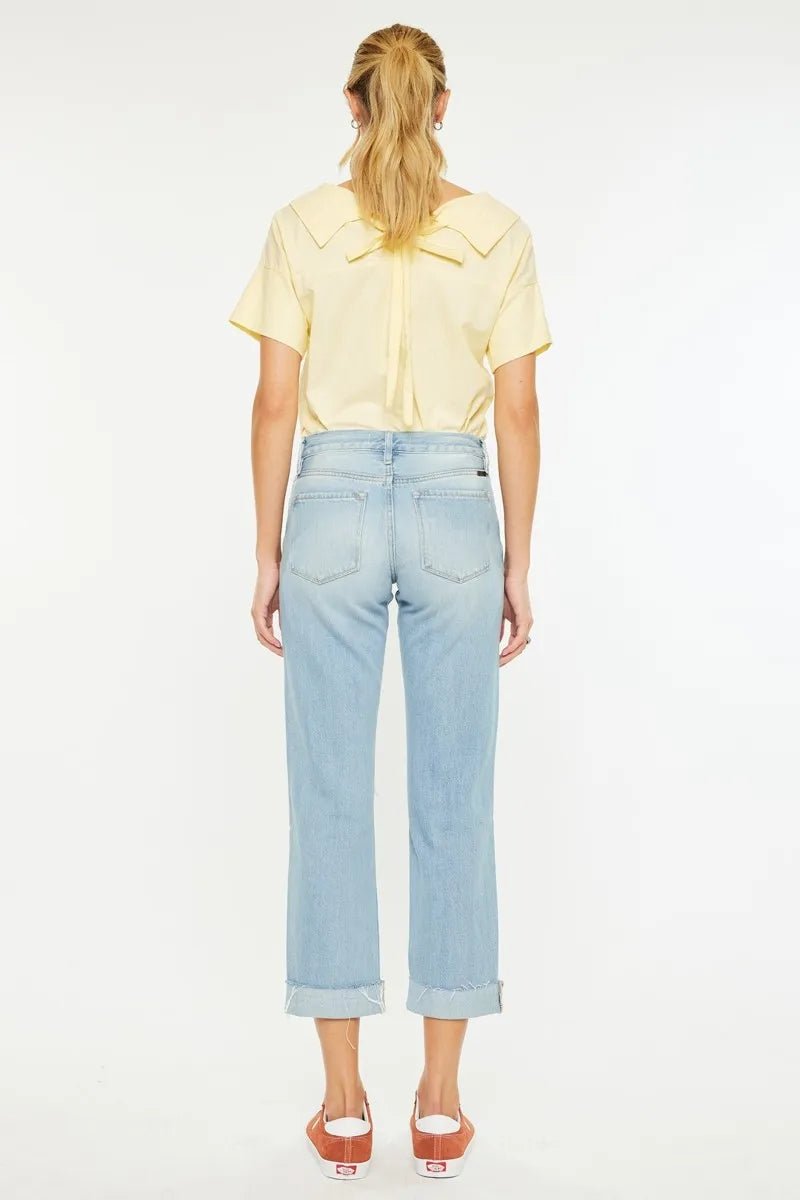 Kancan - High Rise Distressed Boyfriend Jeans in Light Wash