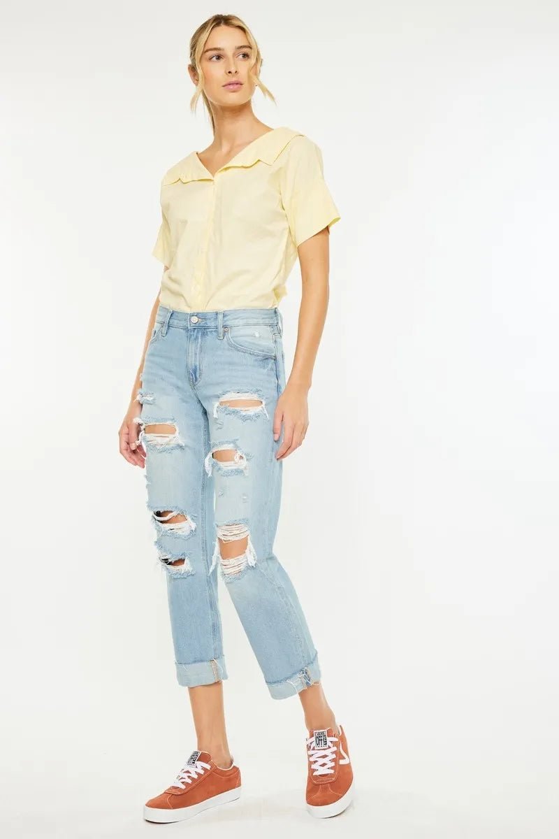 Kancan - High Rise Distressed Boyfriend Jeans in Light Wash