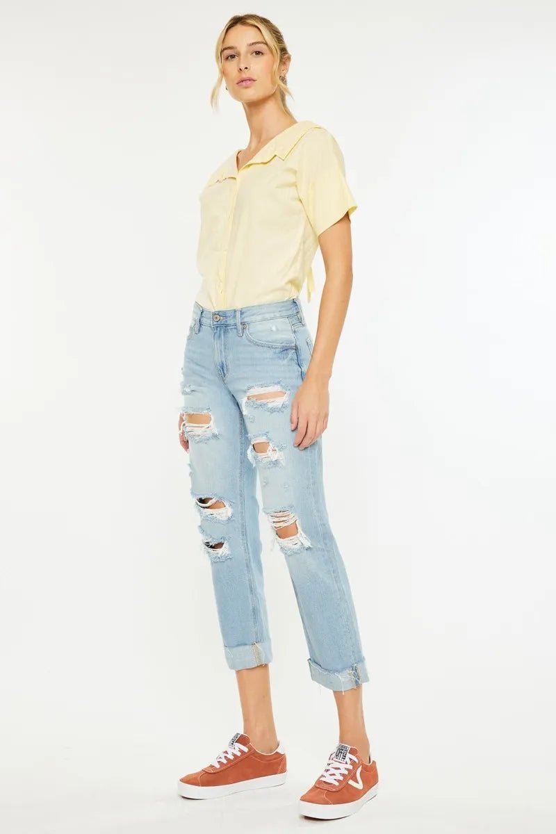 Kancan - High Rise Distressed Boyfriend Jeans in Light Wash