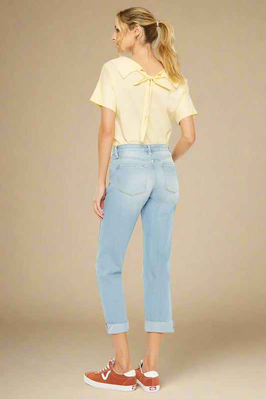 Kancan - High Rise Distressed Boyfriend Jeans in Light Wash