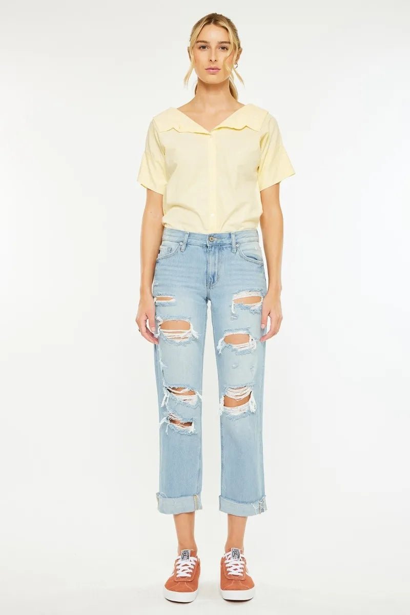 Kancan - High Rise Distressed Boyfriend Jeans in Light Wash