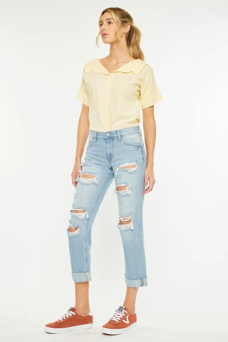 Kancan - High Rise Distressed Boyfriend Jeans in Light Wash