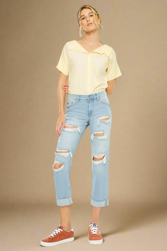 Kancan - High Rise Distressed Boyfriend Jeans in Light Wash