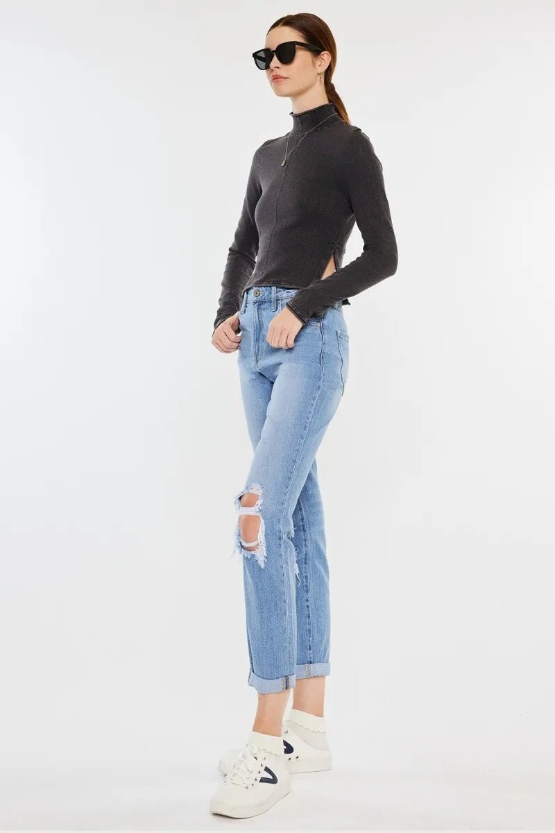 Kancan - High Rise Distressed Boyfriend Jeans – Light Wash