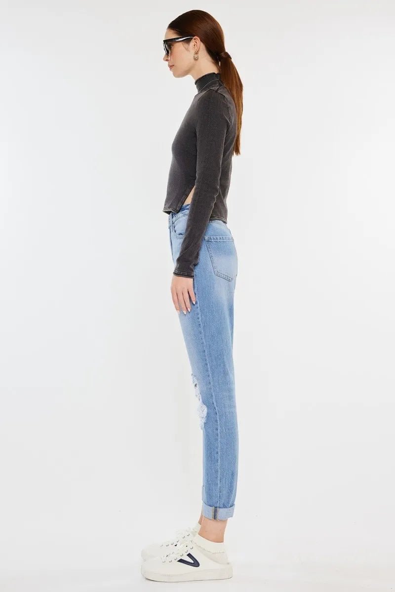 Kancan - High Rise Distressed Boyfriend Jeans – Light Wash