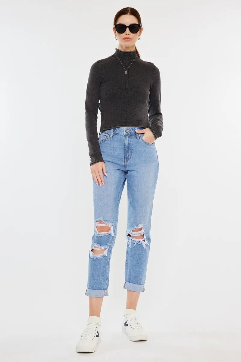 Kancan - High Rise Distressed Boyfriend Jeans – Light Wash