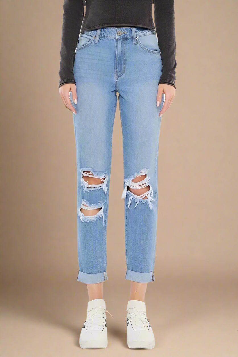 Kancan - High Rise Distressed Boyfriend Jeans – Light Wash