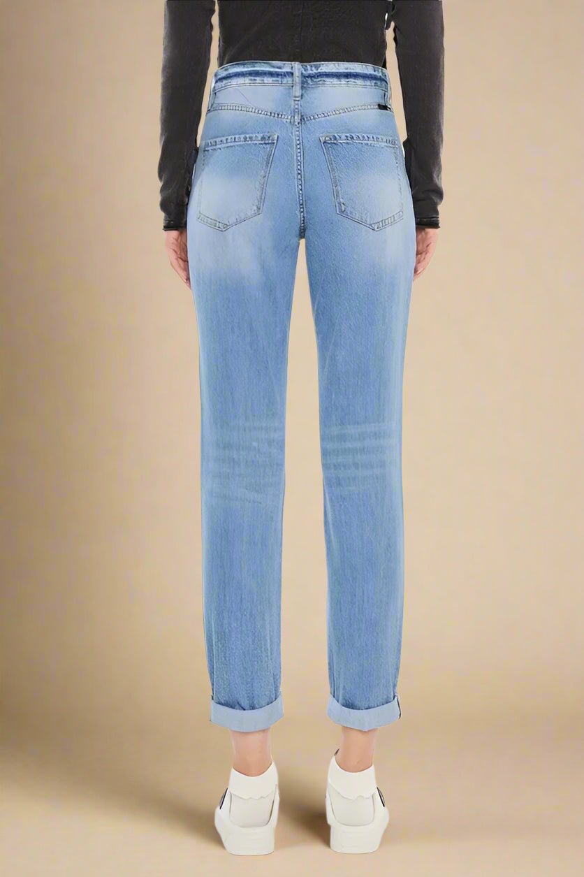 Kancan - High Rise Distressed Boyfriend Jeans – Light Wash