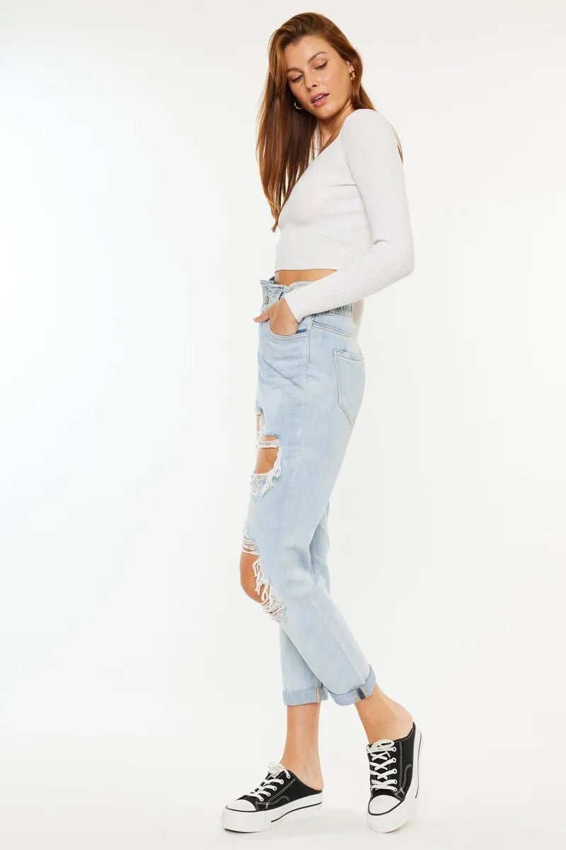 Kancan - High - Rise Distressed Boyfriend Jeans – Light Wash Denim
