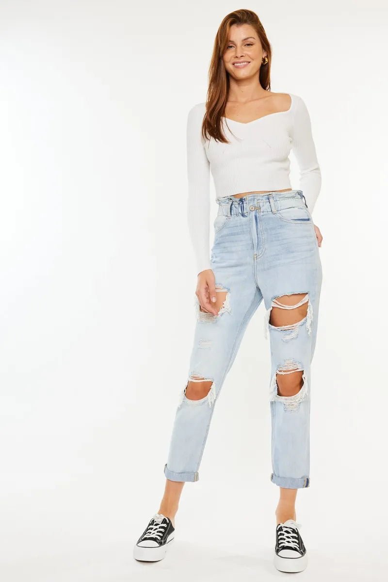 Kancan - High - Rise Distressed Boyfriend Jeans – Light Wash Denim