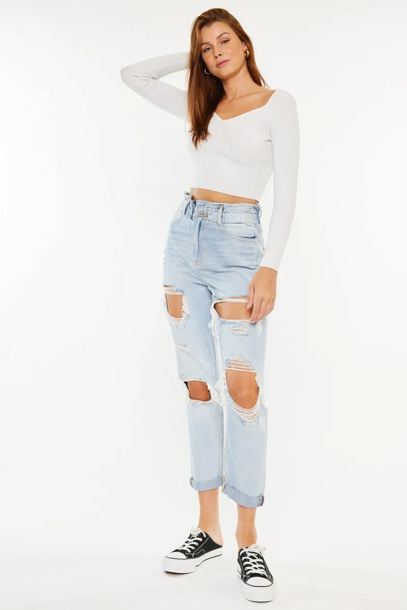Kancan - High - Rise Distressed Boyfriend Jeans – Light Wash Denim