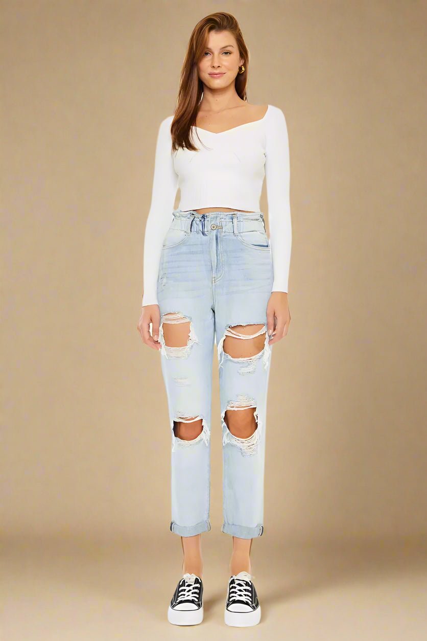 Kancan - High - Rise Distressed Boyfriend Jeans – Light Wash Denim