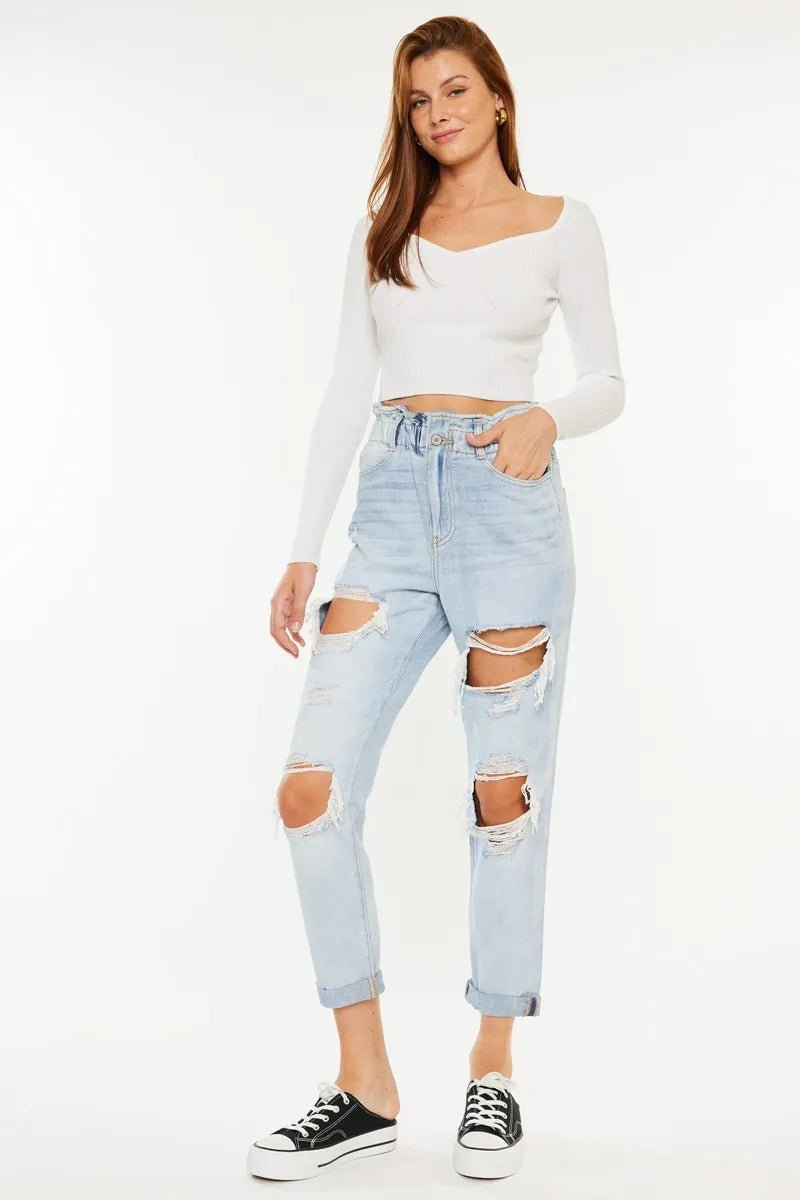 Kancan - High - Rise Distressed Boyfriend Jeans – Light Wash Denim