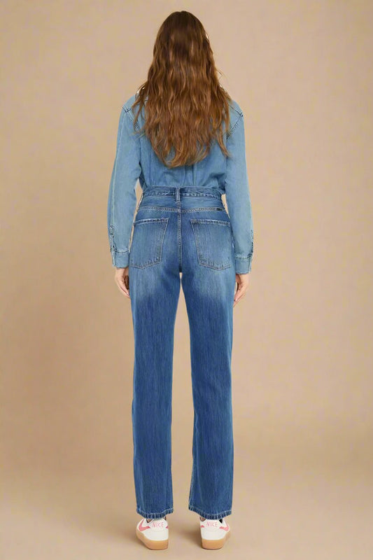 Kancan - High Rise Distressed Straight Leg Jeans in Medium Wash