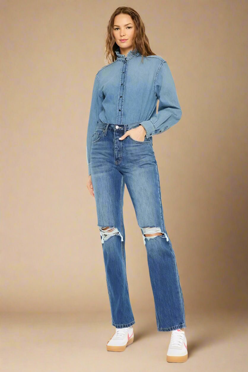 Kancan - High Rise Distressed Straight Leg Jeans in Medium Wash